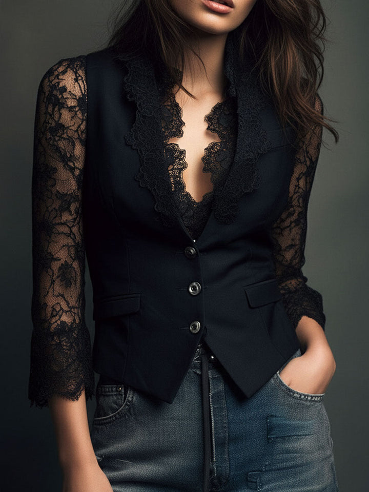 Nalira – Bluse mit Spitzenärmeln und Weste als Set