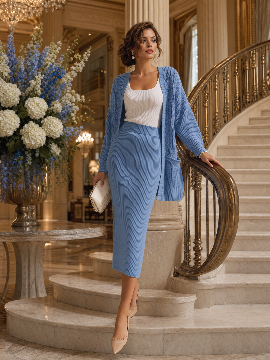 Vesara – Strickjacke-Midi-Strickrock-Set