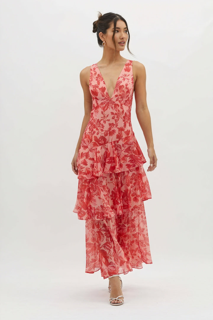Luniva – V-Ausschnitt-Blumenmusterkleid