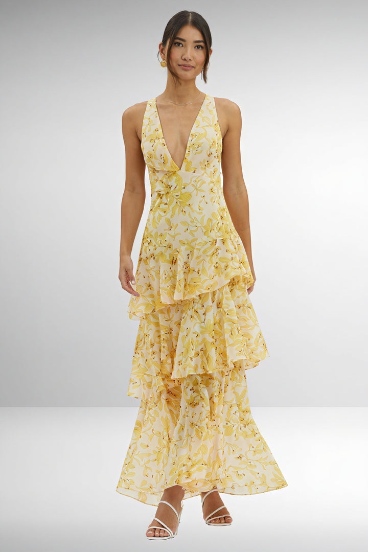 Luniva – V-Ausschnitt-Blumenmusterkleid