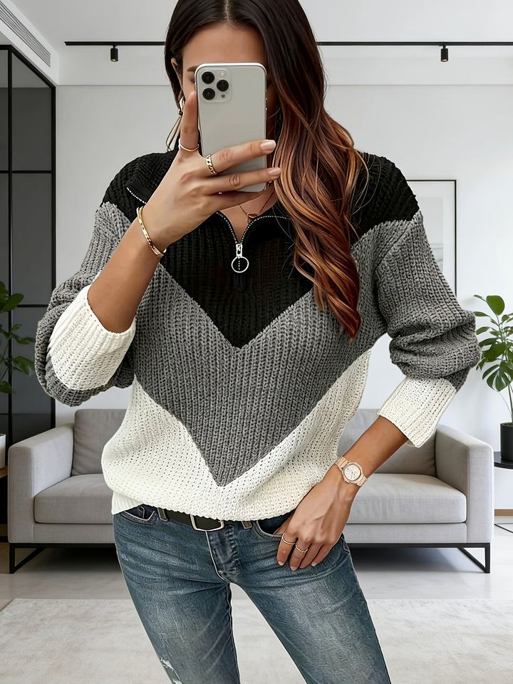 Velira – Farbblock-Strickpullover mit Reißverschlusskragen