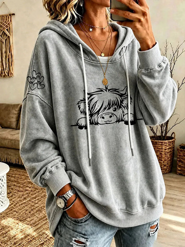 Noreli – Allover-Hochlandrinder-Print Strick-Kapuzenpullover