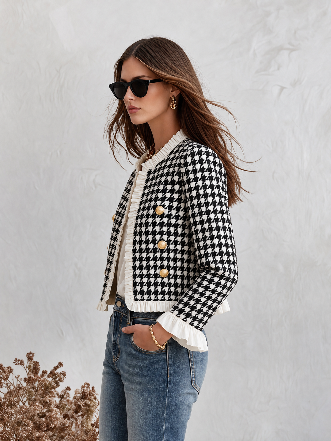 Mevara – Hahnentritt-Jacke mit Rüschendetails
