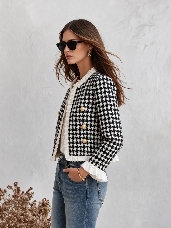 Mevara – Hahnentritt-Jacke mit Rüschendetails