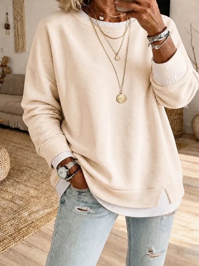 Vesara – Farbblock-Doppellagenoptik Baumwoll-Sweatshirt