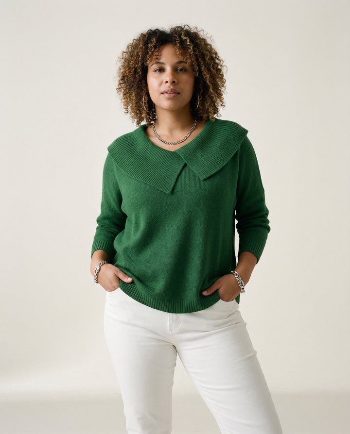 Pleated Neckline Wool-Blend Sweater