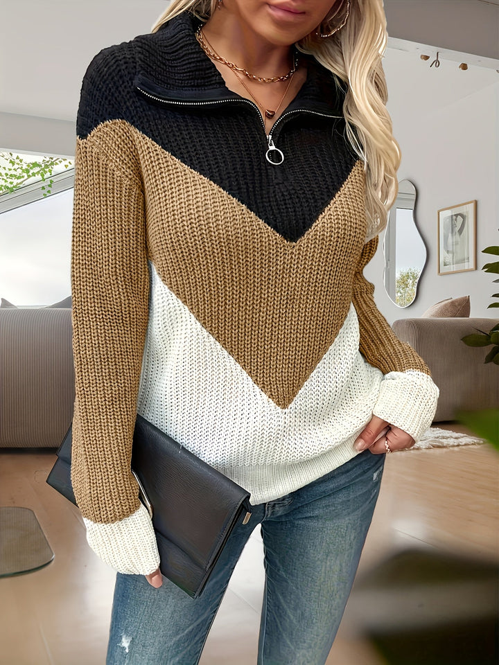 Velira – Farbblock-Strickpullover mit Reißverschlusskragen
