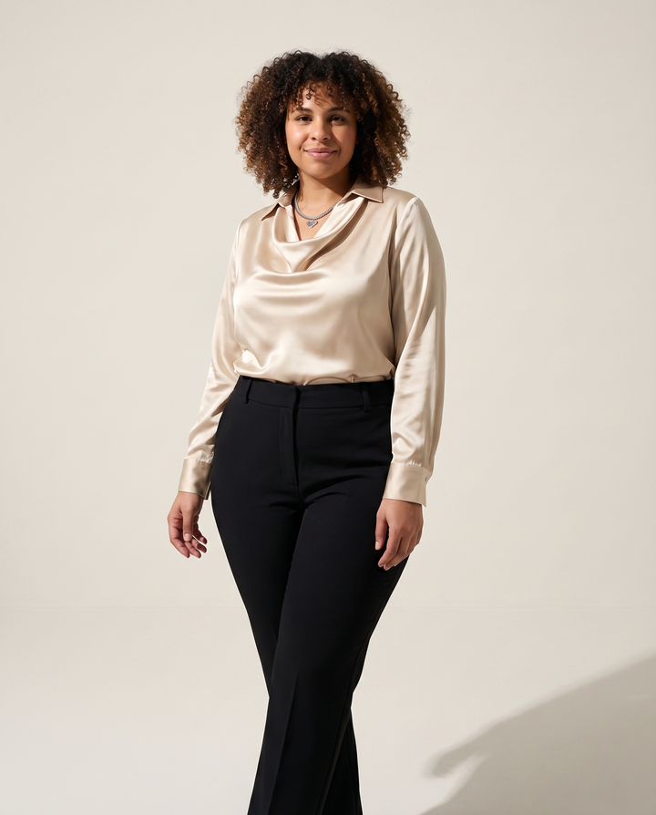 Draped-Neck Satin Blouse