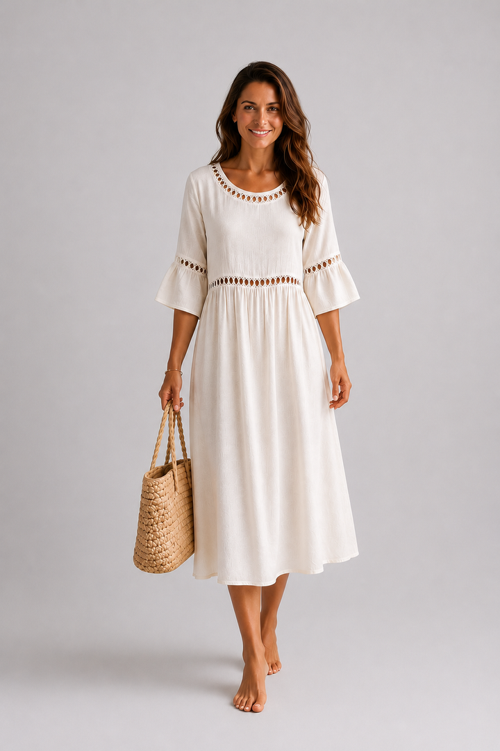 Lunira – Midi-Kleid aus Baumwoll-Leinen mit Spitzeneinsätzen