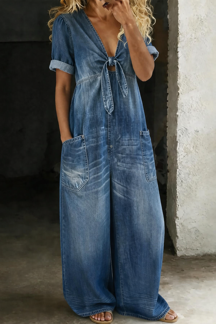 Vionne – V-Ausschnitt zum Binden, Jeans-Overall