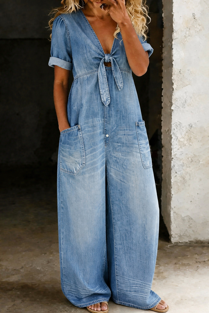 Vionne – V-Ausschnitt zum Binden, Jeans-Overall