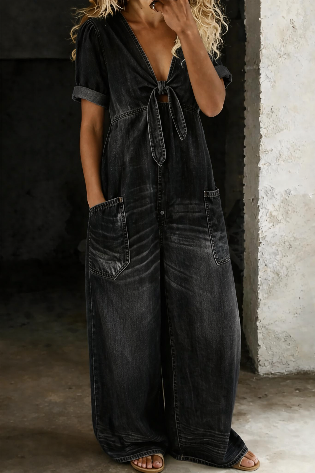Vionne – V-Ausschnitt zum Binden, Jeans-Overall