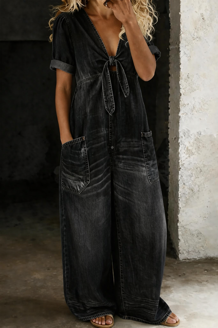 Vionne – V-Ausschnitt zum Binden, Jeans-Overall