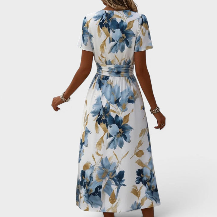 Evadra – Midi-Kleid mit metallischem Druck und Taillenknoten
