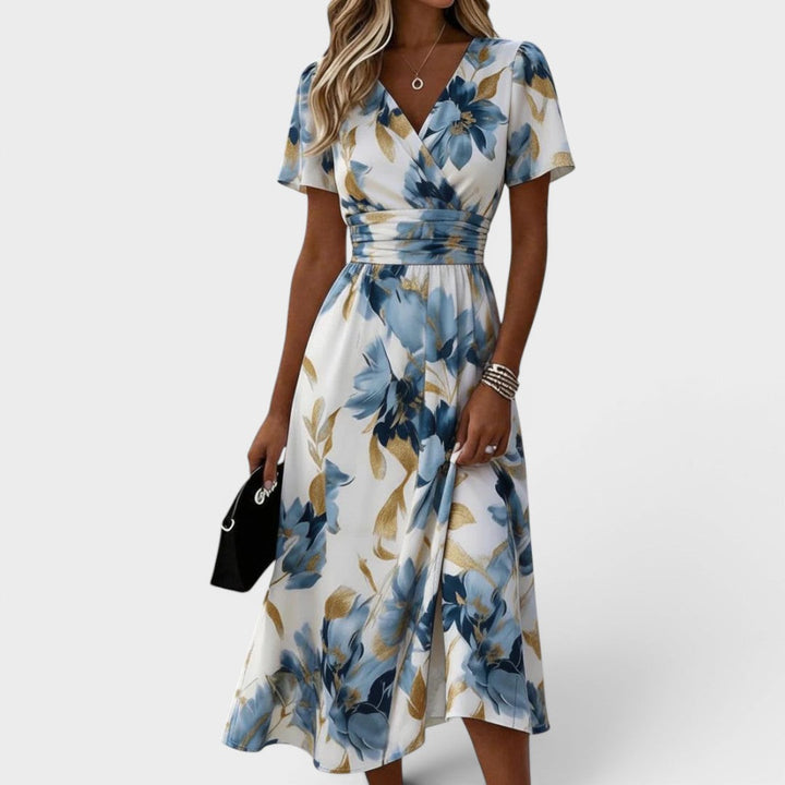 Evadra – Midi-Kleid mit metallischem Druck und Taillenknoten