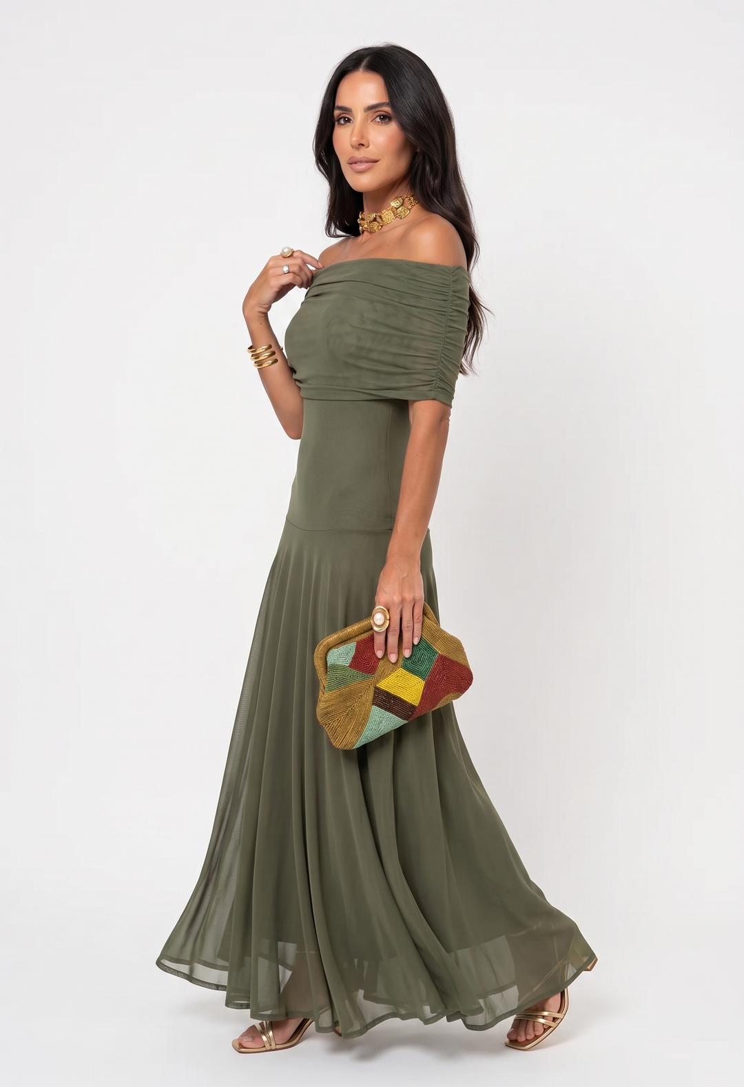 Virela – Schulterfreies Mikrofaser-Maxikleid im Wickelstil