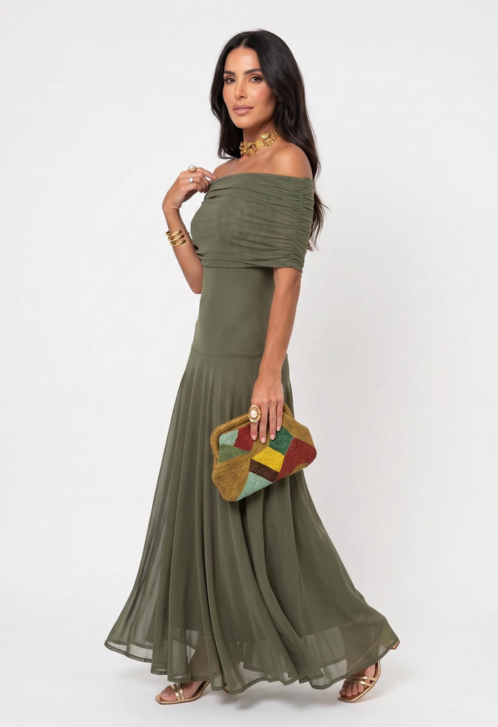 Virela – Schulterfreies Mikrofaser-Maxikleid im Wickelstil
