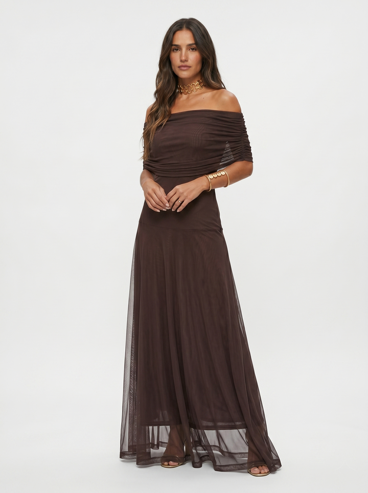 Virela – Schulterfreies Mikrofaser-Maxikleid im Wickelstil