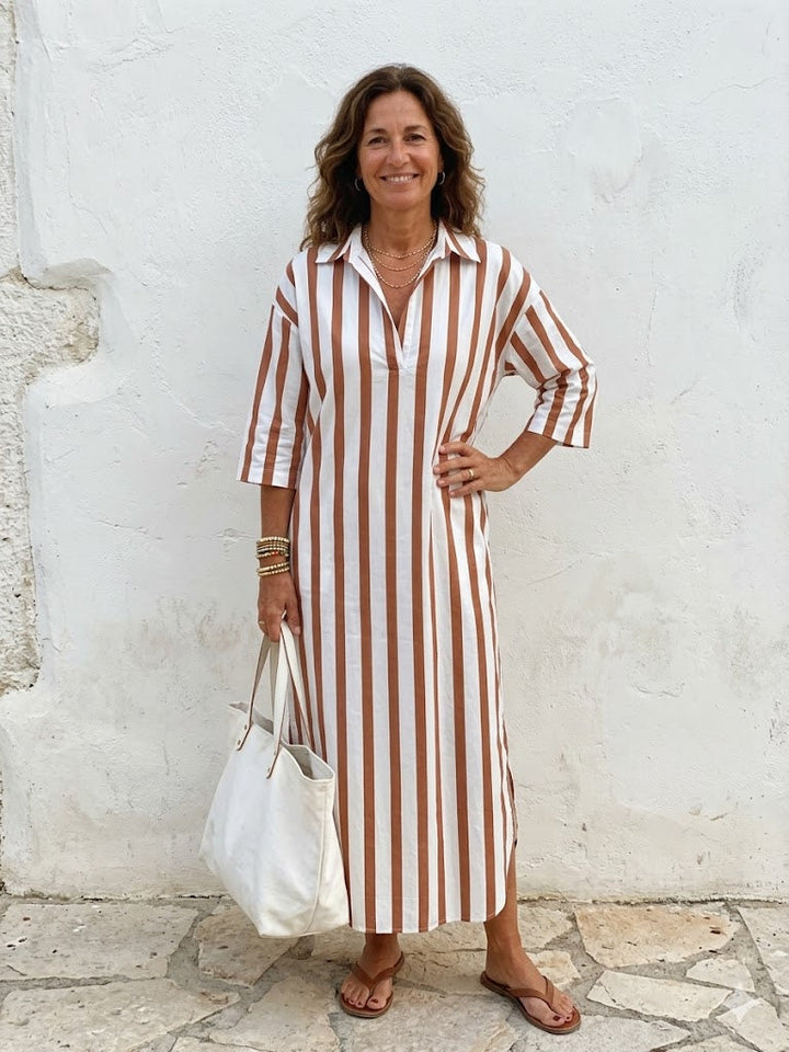Velira - Vertical Stripe Woven Midi Shirt Dress