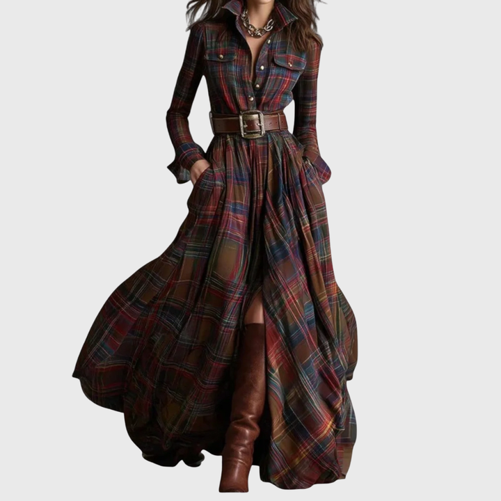 Noreli – kariertes Maxikleid mit Gürtel