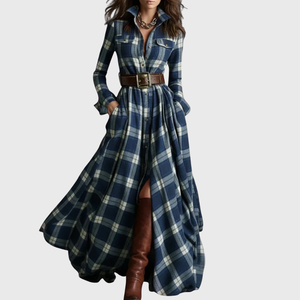 Noreli – kariertes Maxikleid mit Gürtel