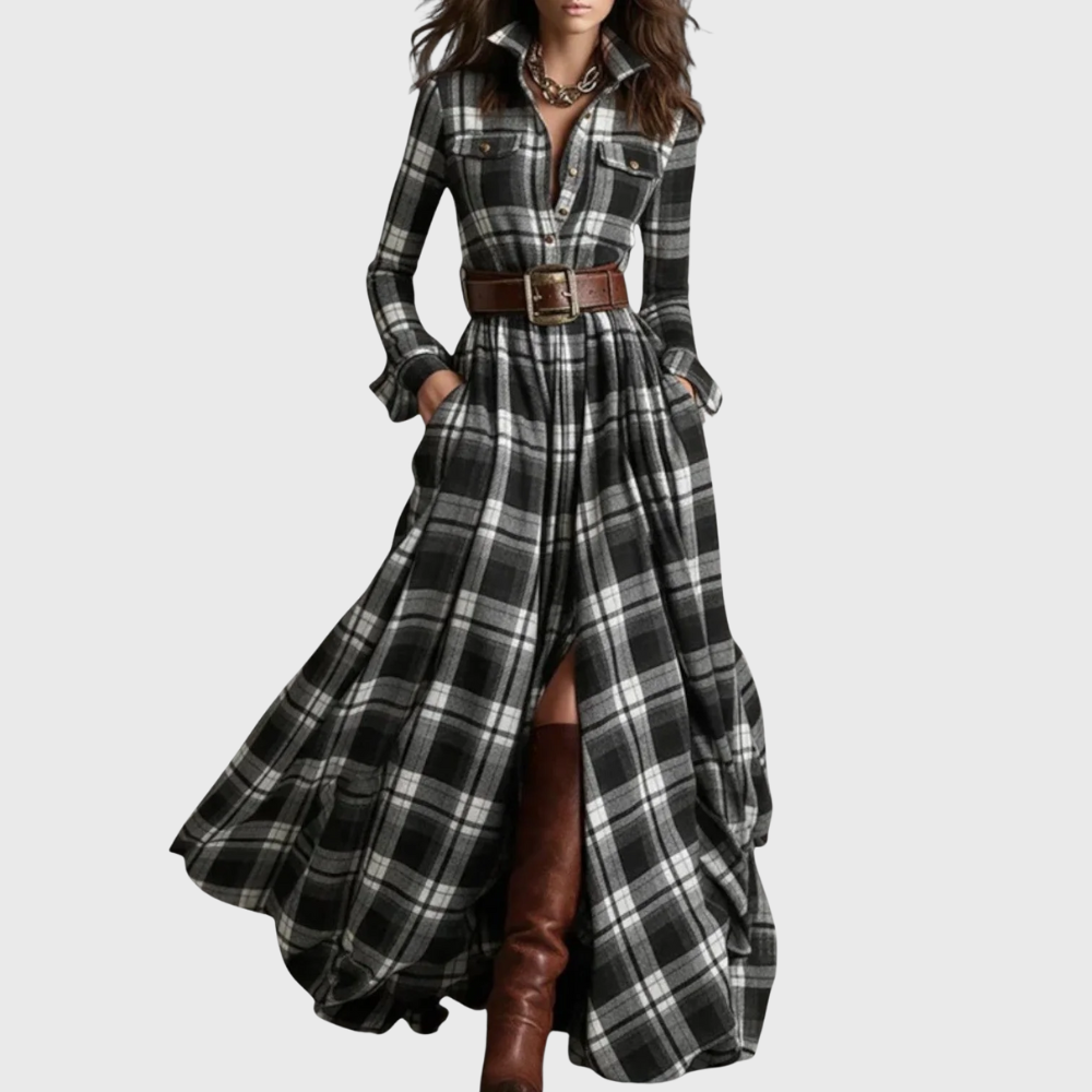 Noreli – kariertes Maxikleid mit Gürtel