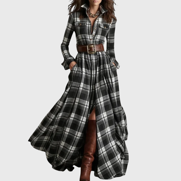 Noreli – kariertes Maxikleid mit Gürtel