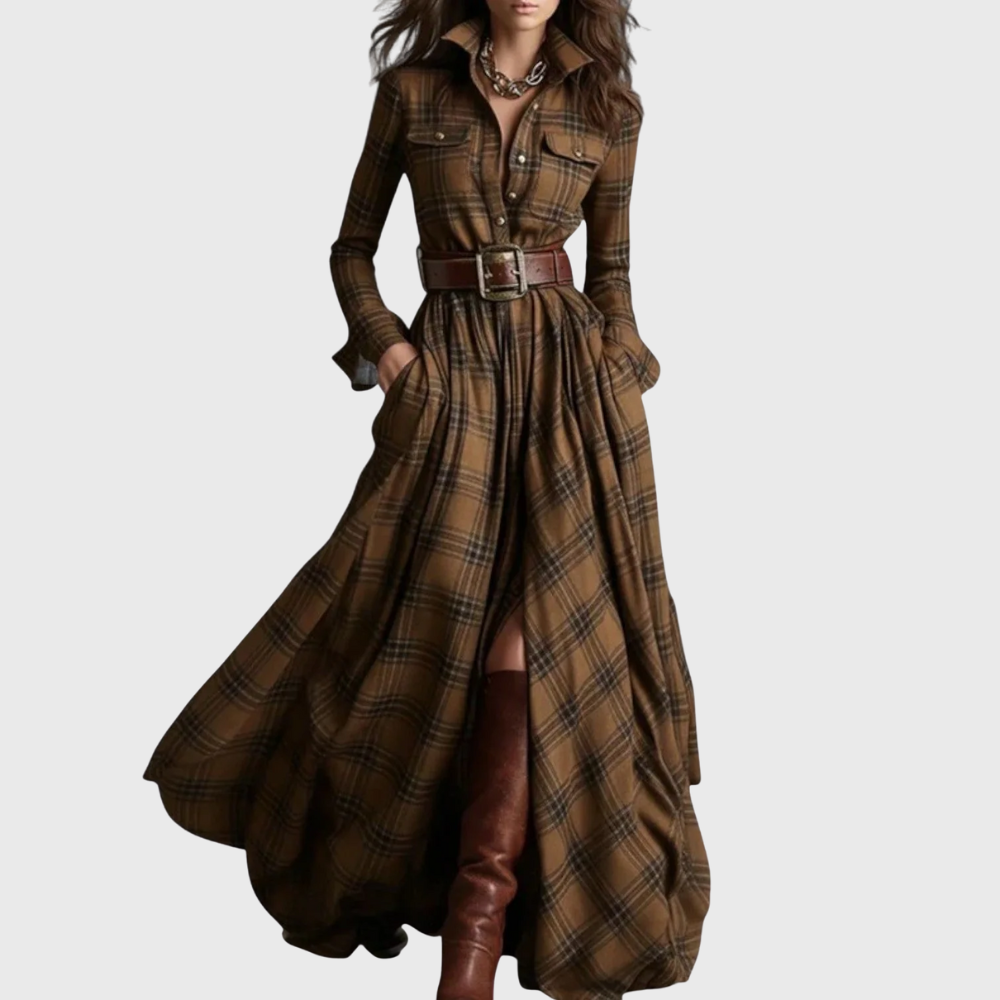 Noreli – kariertes Maxikleid mit Gürtel