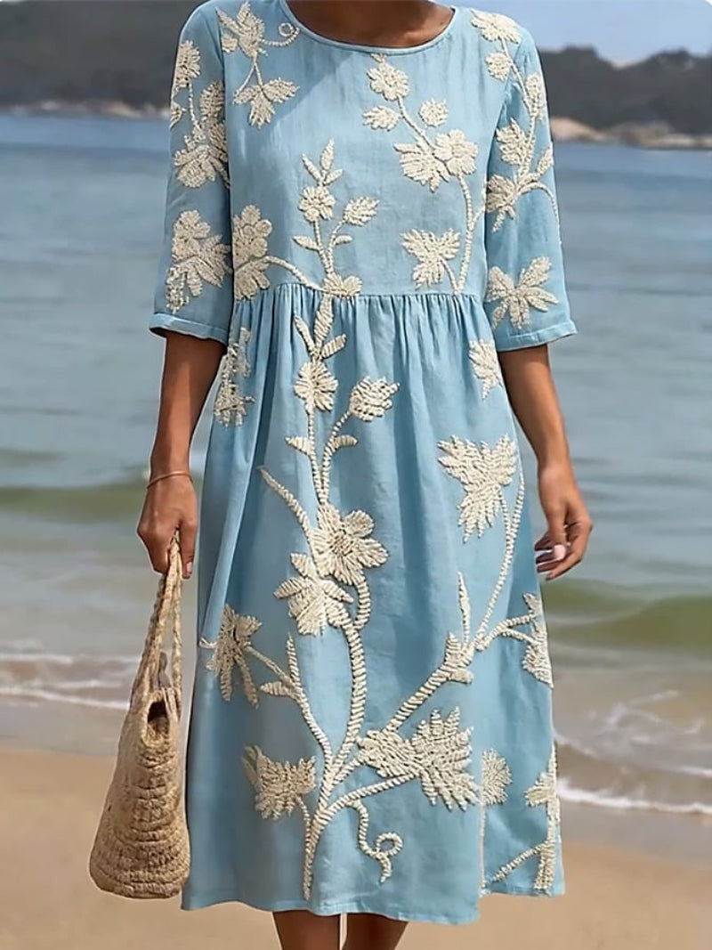 Navora – Geprägtes florales Leinen-Baumwollkleid