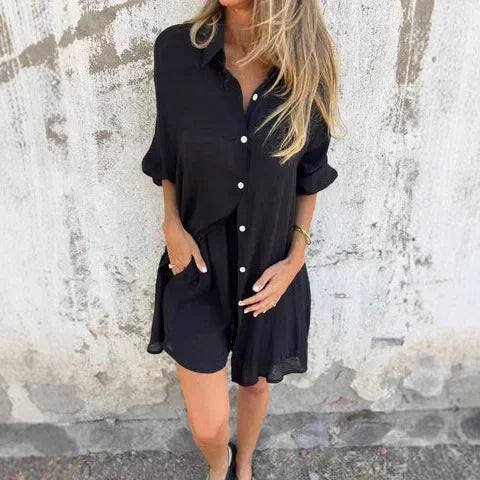 Soreva - Crinkle Woven Blouse-Shorts Set