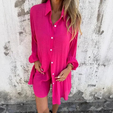 Soreva - Crinkle Woven Blouse-Shorts Set