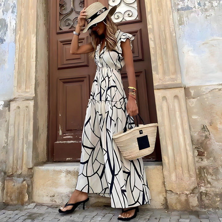 Novina – V-Ausschnitt, bedrucktes Webstoff-Kleid
