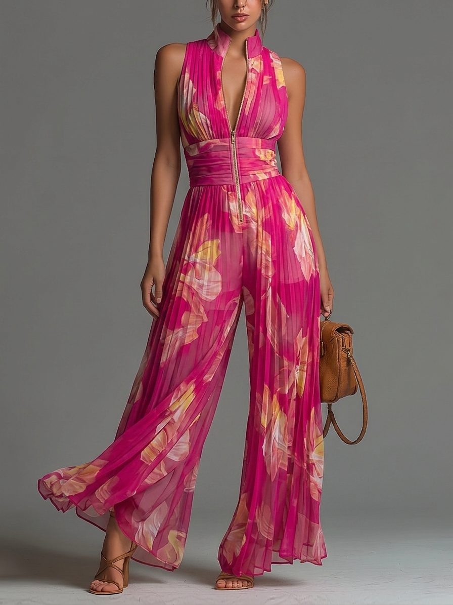 Nivora – Weit geschnittener, plissierter Chiffon-Jumpsuit