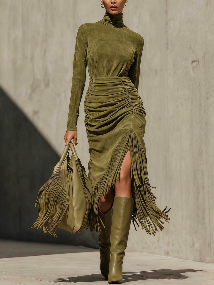 Orlise – Wickel, Midilänge, Stehkragen – Velourslederoptik – Kleid