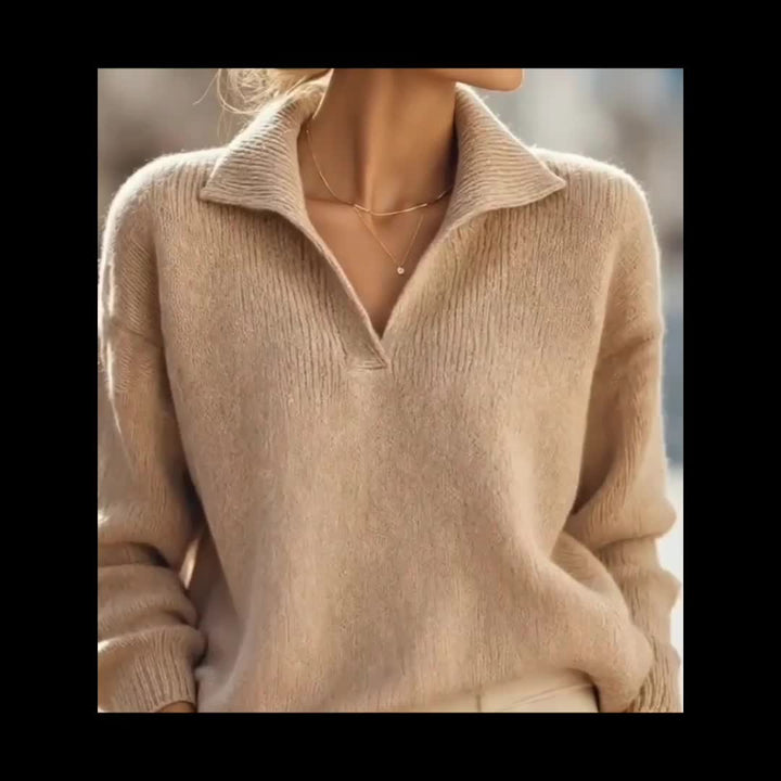 Rilena – V-Ausschnitt Rippstrick-Polopullover