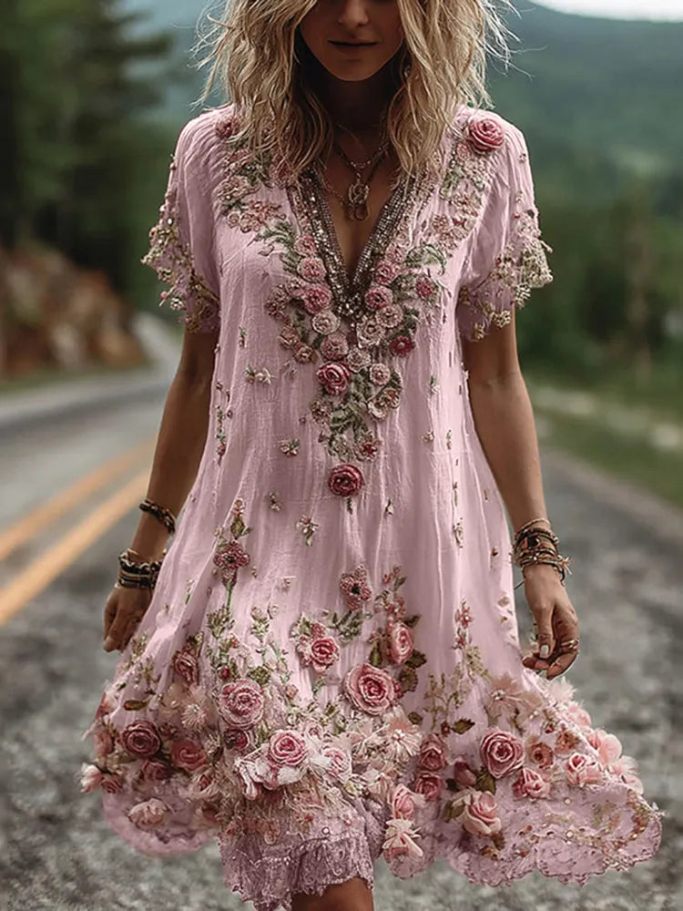 Noreli – Florales Stickdesign, Baumwollmix-Kleid