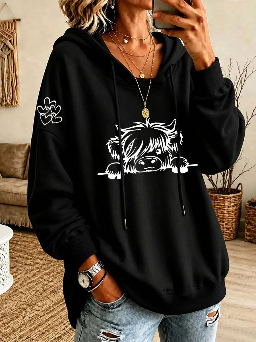 Noreli – Allover-Hochlandrinder-Print Strick-Kapuzenpullover