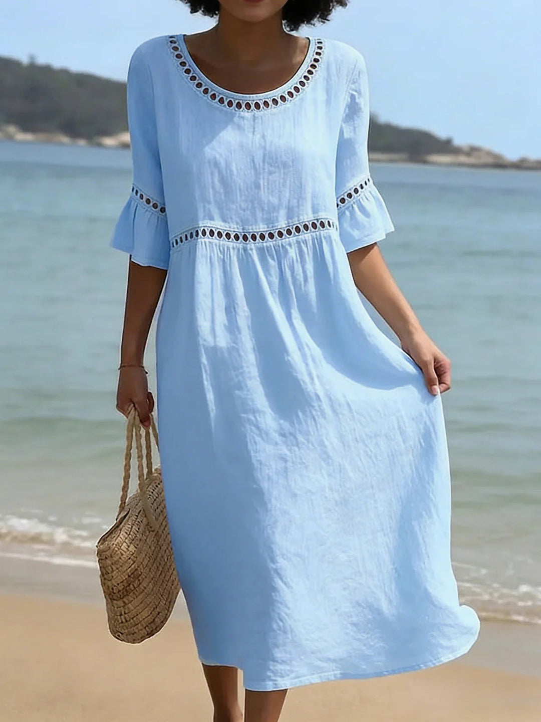 Lunira – Midi-Kleid aus Baumwoll-Leinen mit Spitzeneinsätzen
