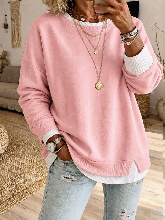 Vesara – Farbblock-Doppellagenoptik Baumwoll-Sweatshirt
