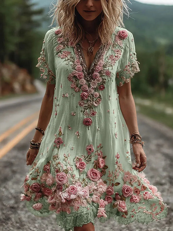 Noreli – Florales Stickdesign, Baumwollmix-Kleid