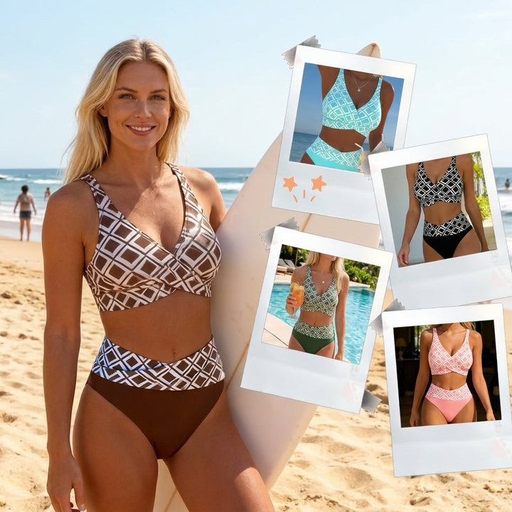 Sevra – Überkreuztes, geometrisch bedrucktes V-Ausschnitt-Bikini-Set