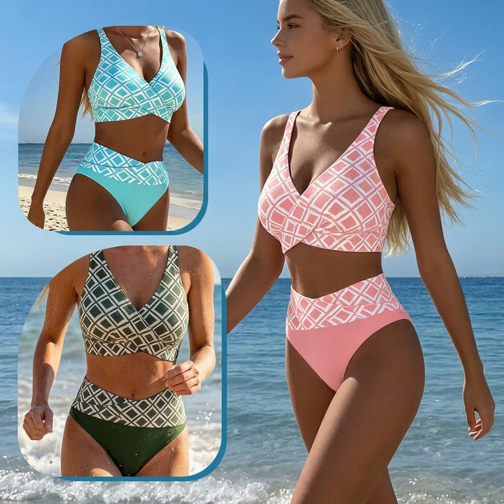 Sevra – Überkreuztes, geometrisch bedrucktes V-Ausschnitt-Bikini-Set