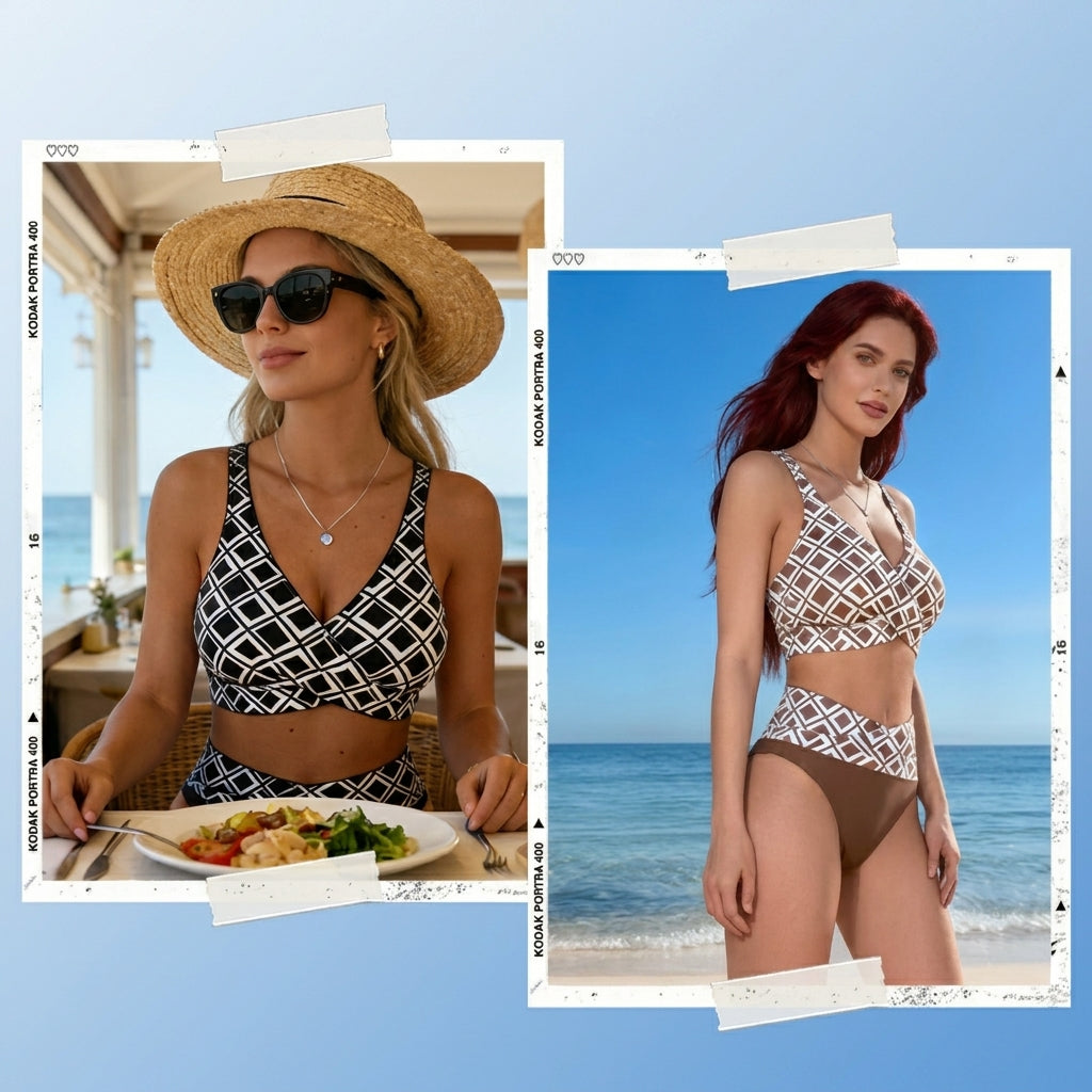 Sevra – Überkreuztes, geometrisch bedrucktes V-Ausschnitt-Bikini-Set