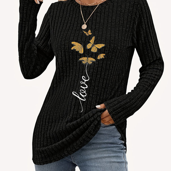 Calira – Schmetterlings-Platzierungsdruck Rippstrick-T-Shirt