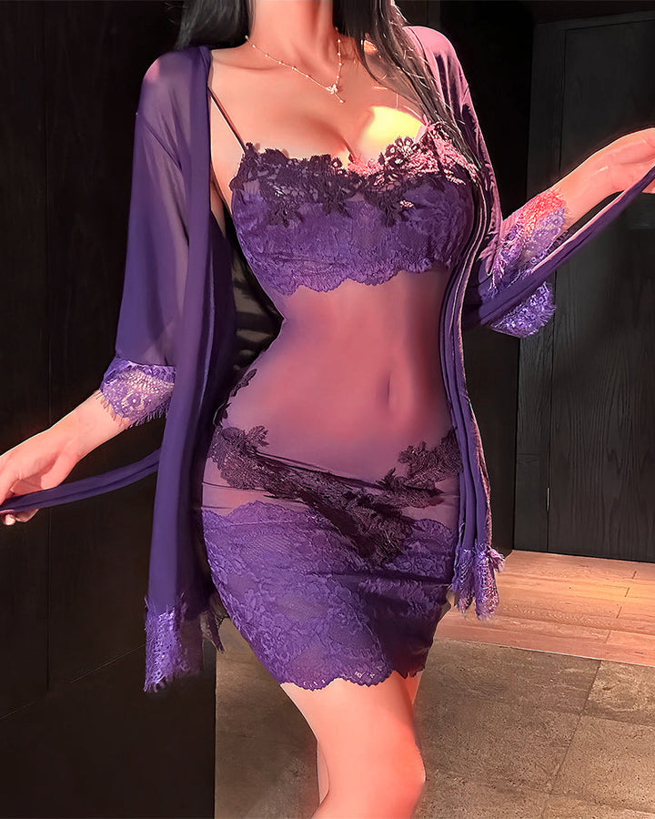 Solyne – Spaghettiträger Spitzen-Mesh-Pyjama-Set