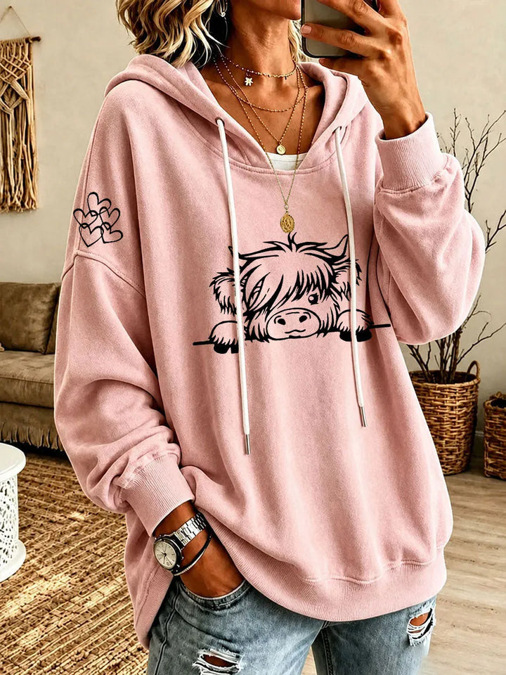 Noreli – Allover-Hochlandrinder-Print Strick-Kapuzenpullover