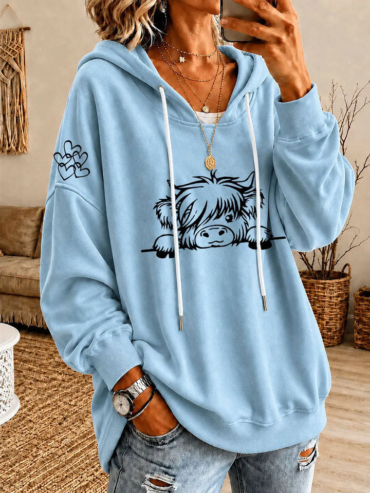 Noreli – Allover-Hochlandrinder-Print Strick-Kapuzenpullover