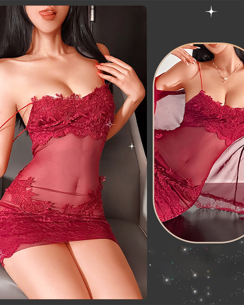 Solyne – Spaghettiträger Spitzen-Mesh-Pyjama-Set