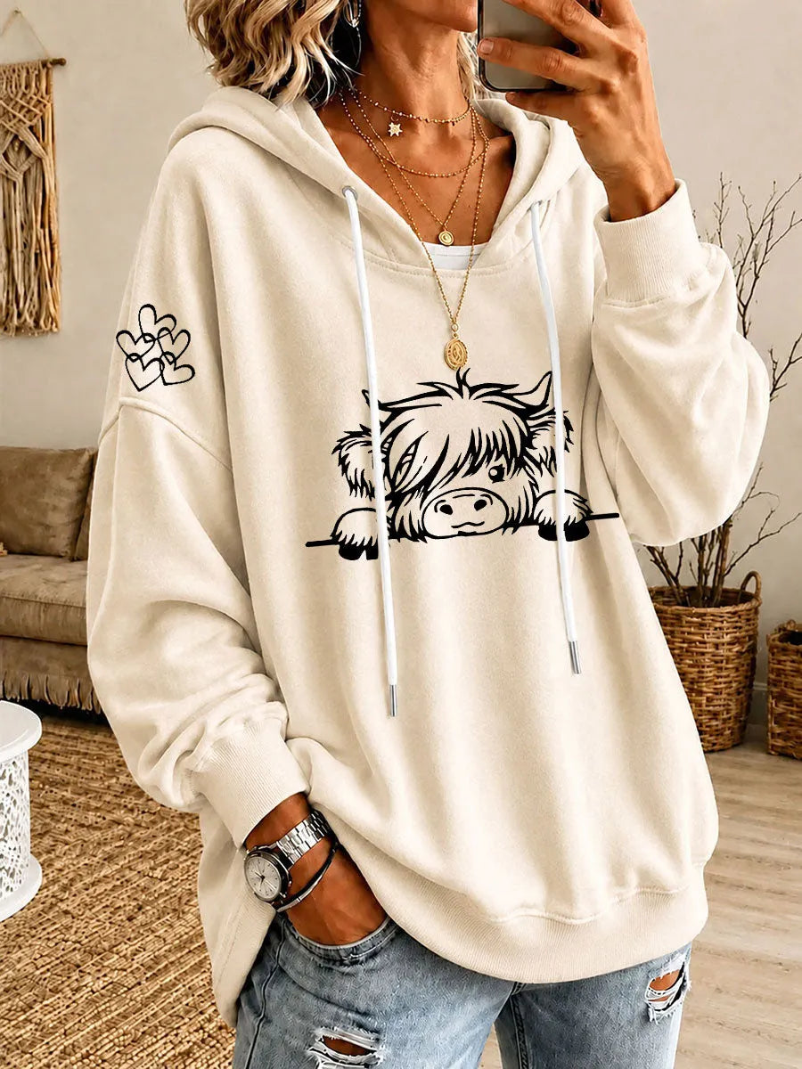 Noreli – Allover-Hochlandrinder-Print Strick-Kapuzenpullover