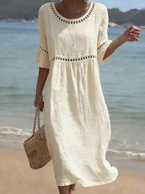 Lunira – Midi-Kleid aus Baumwoll-Leinen mit Spitzeneinsätzen
